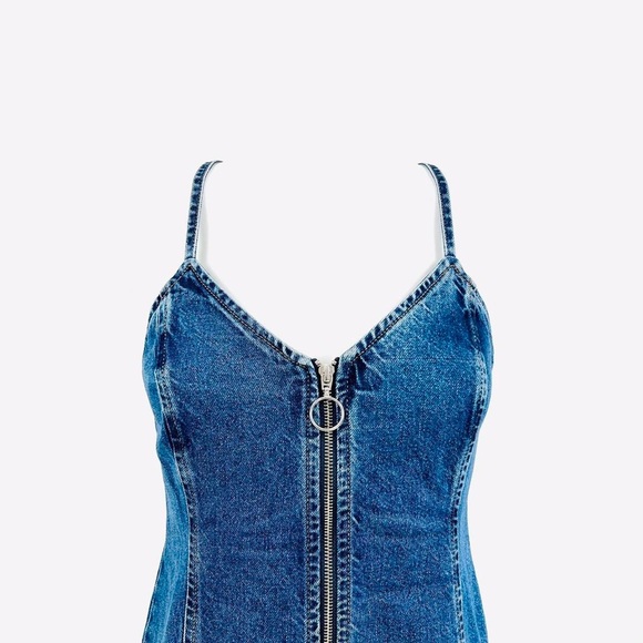 womens Topshop Moto mini Dress UK 12 denim zip up jean dress western cowgirl - Picture 2 of 7